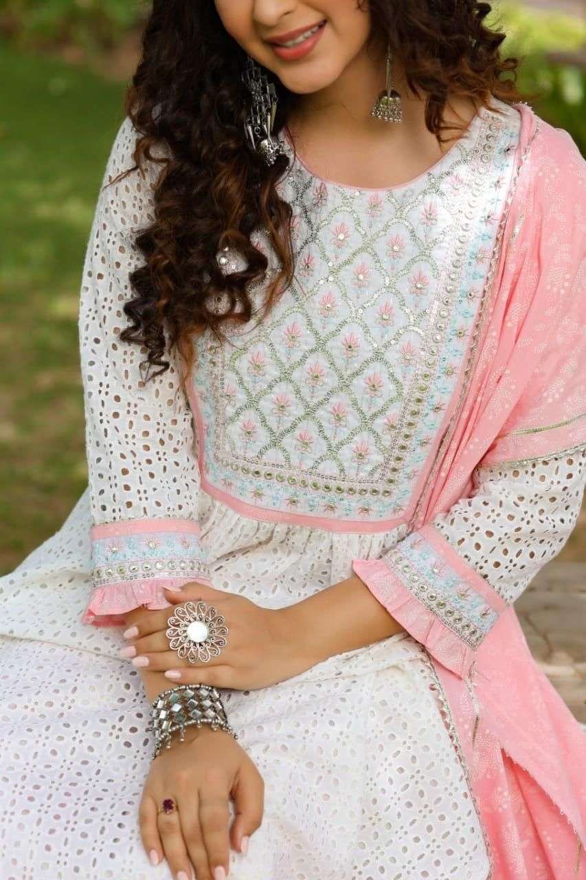 Women's Cotton Embroidered Nayra Cut Kurti With Pant and Dupatta Set - Image 3