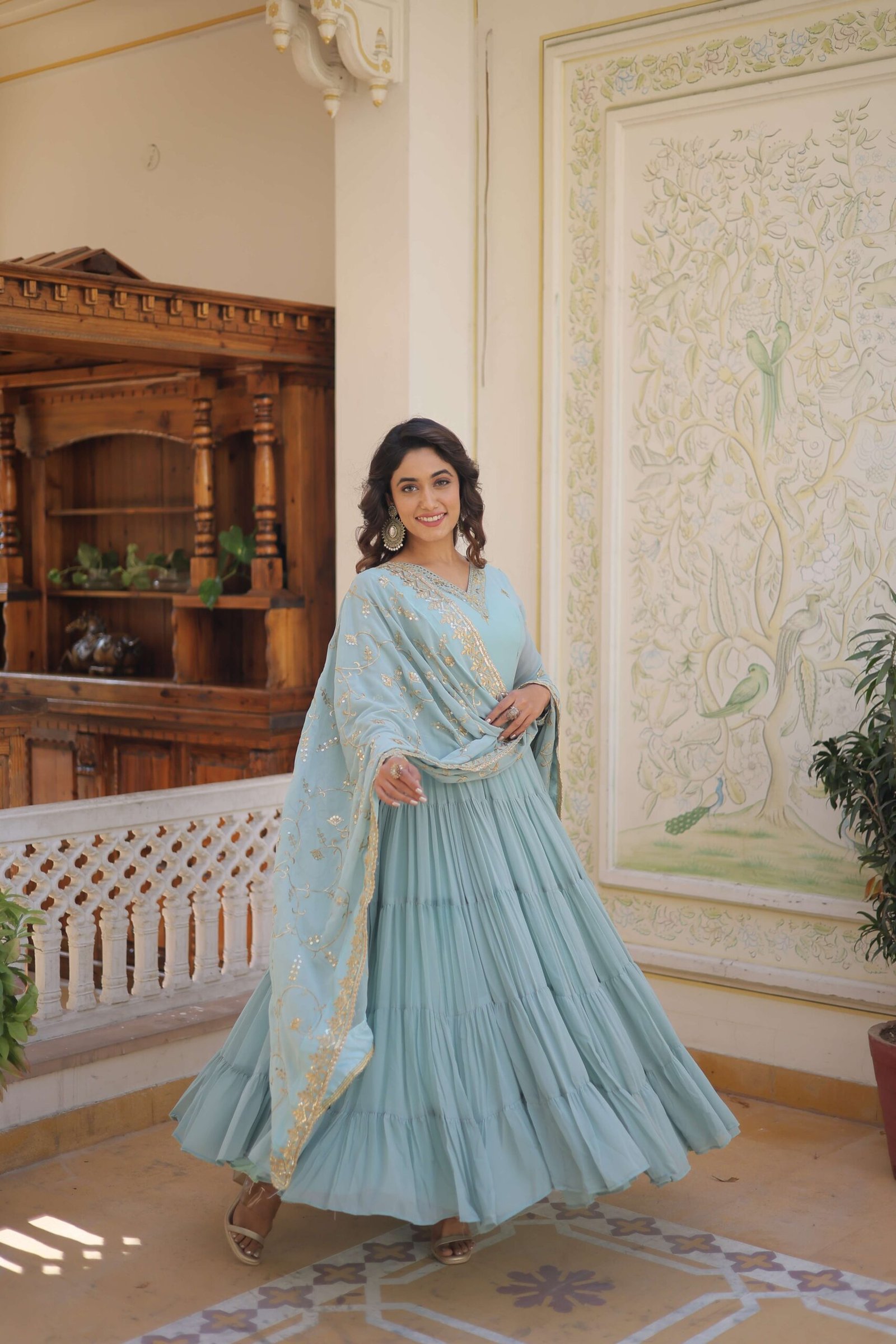 SKY Faux Georgette Designer Gown with Sequined Dupatta ? Elegant Fully Flared Party & Wedding Set - Image 7