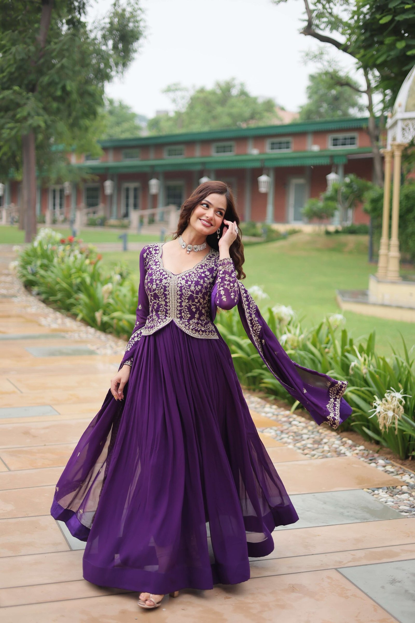 Purple Faux Blooming Sequins & Zari Embroidered Gown with Matching Dupatta - Image 4