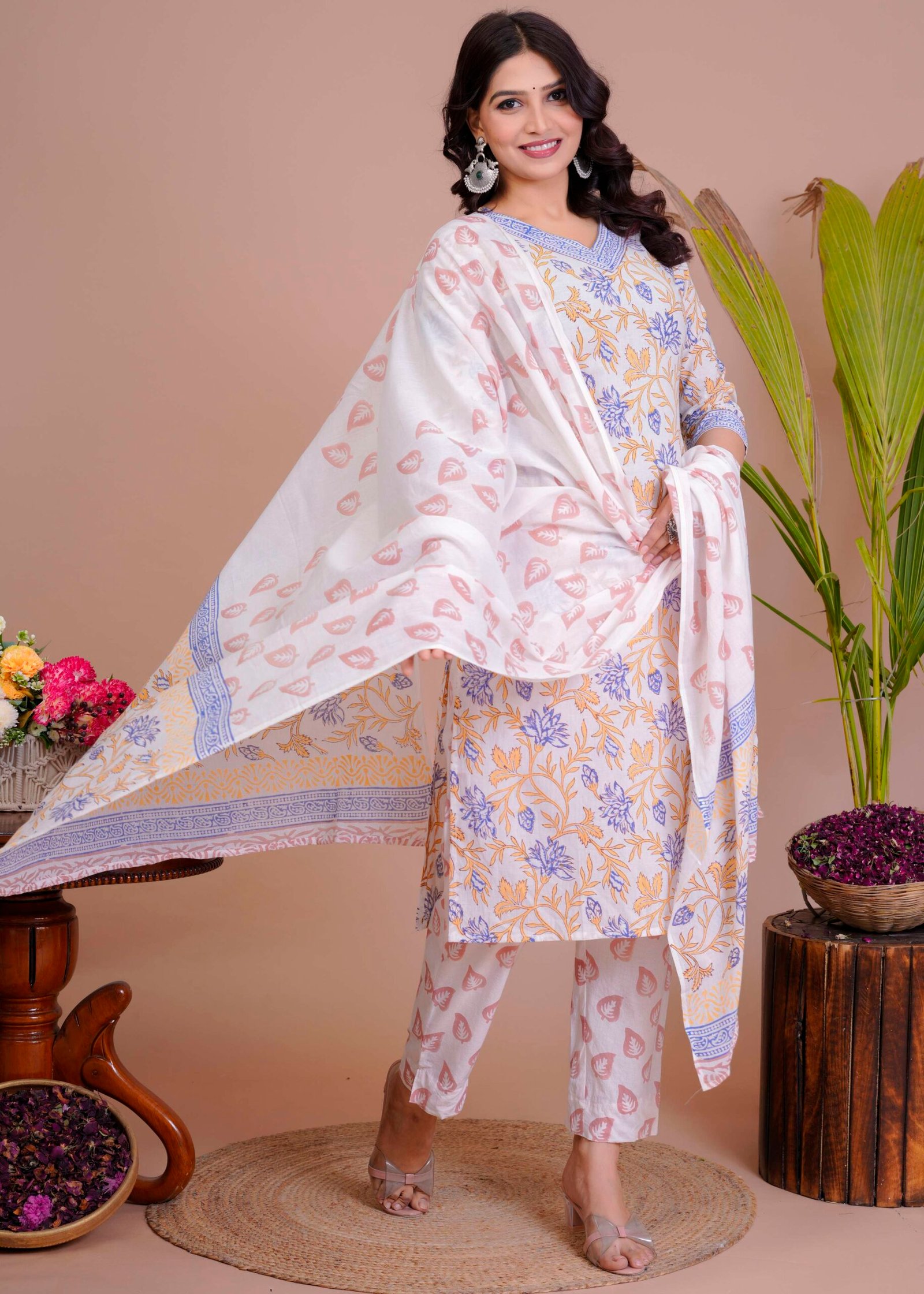 Women's White & Yellow Floral Cotton Straight Kurti with Pant & Dupatta Set - Image 2
